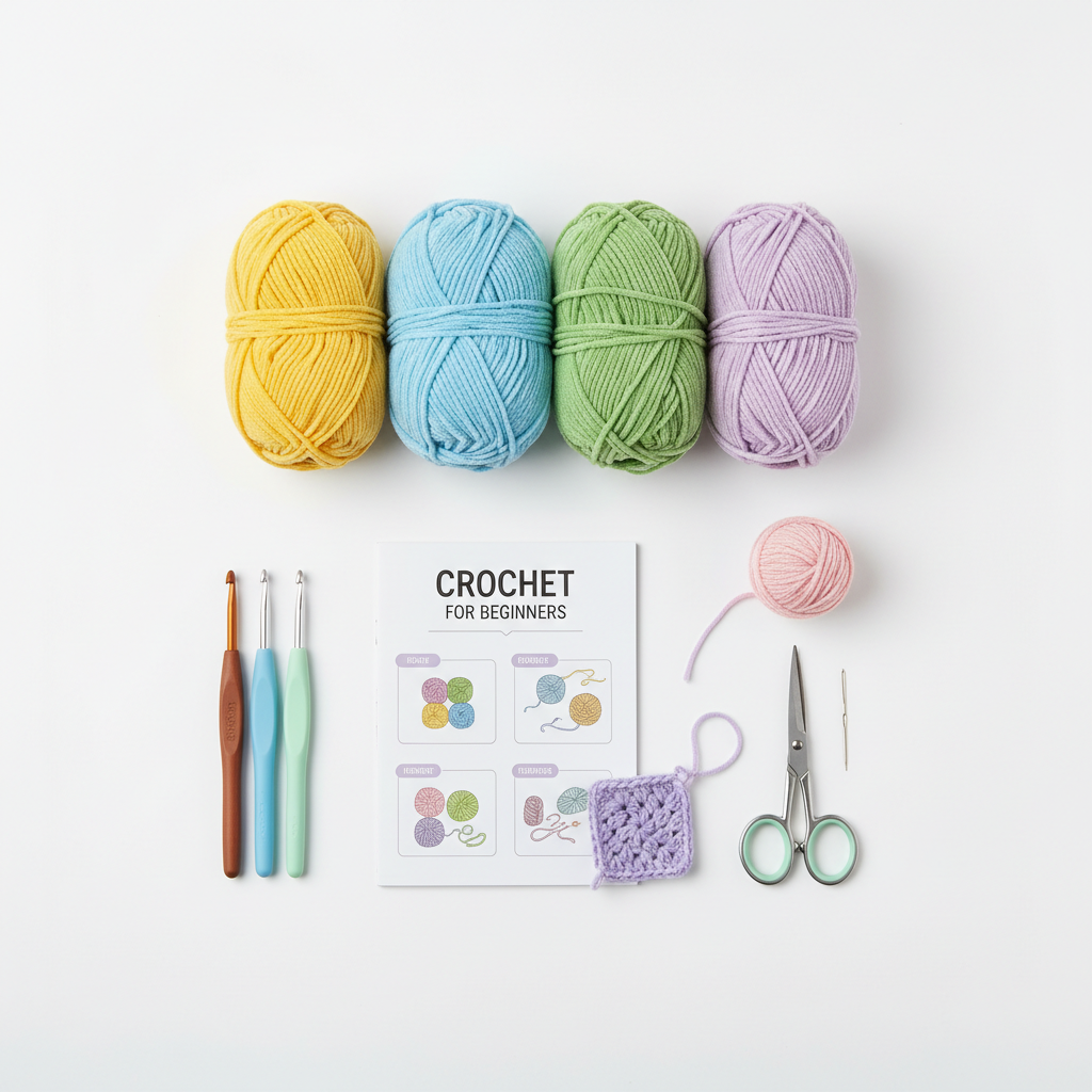 Crochet DIY kit with colorful yarn and hooks on white background